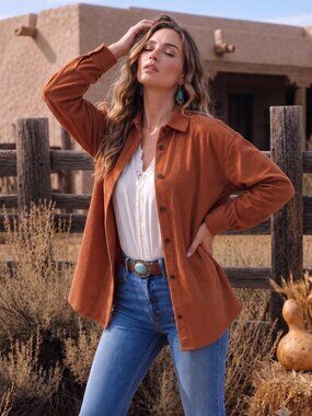Caramel Corduroy Shacket Button Down Rust Western Boho Layering Shirt Jacket
